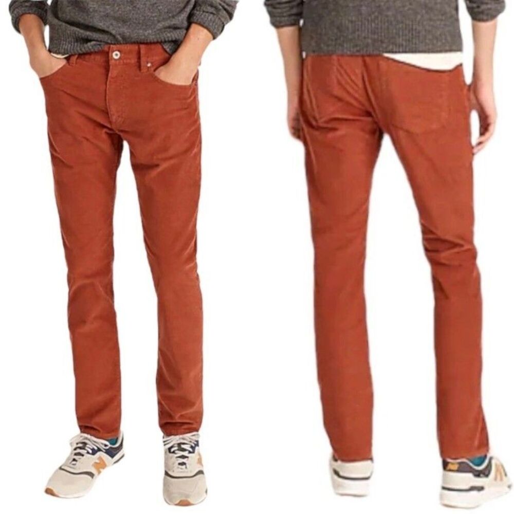 J Crew 250 Corduroy Pants Mens Sz 31x32 Rust Plank Slim Straight Leg Cotton Flex